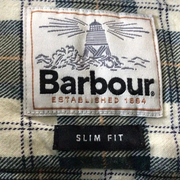 Barbour Cream and Green Plaid Flannel Shirt L Slim - Picture 14 of 15